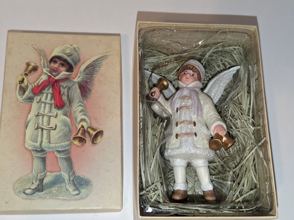 Costco Victorian Child Angel With Bells Christmas Ornament IOB 6" Porcelain
